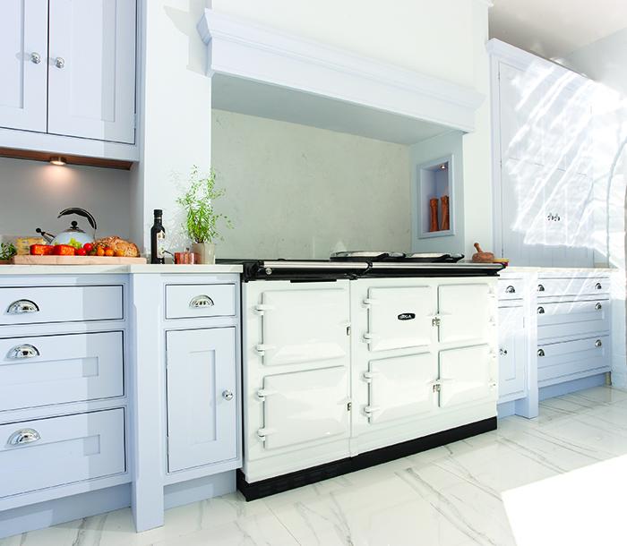 AGA eR7 Series 150 in White with pale blue cabinetry 